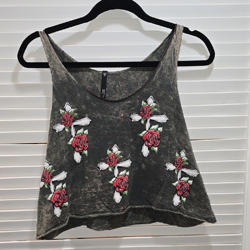 Love Culture Floral Cross Graphic Cropped Tank Top Junior's Size M/L Grey Wash